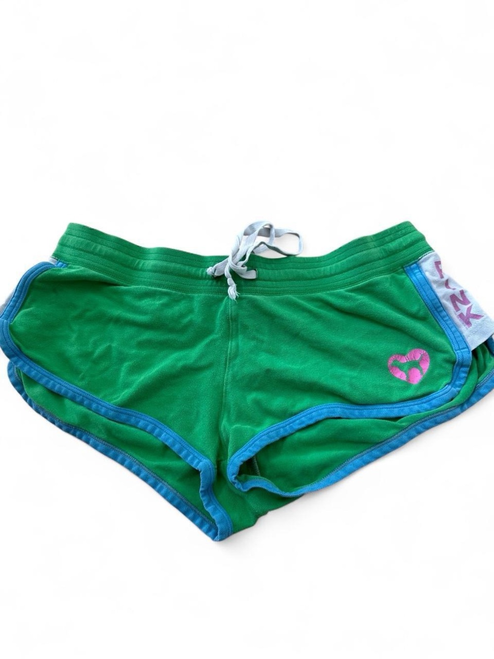 PINK Victoria's Secret Green Athletic Shorts with Blue Trim and Pink Heart